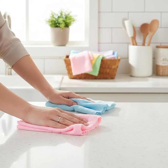 ماش تنظيف من المايكروفايبر 5 قطع 30×30 سم - فائقة الامتصاص وخالية من الوبر والخدوش، مناشف تنظيف قابلة لاعادة الاستخدام للمطبخ والزجاج والسيارة والالكترونيات والاسطح المنزلية
