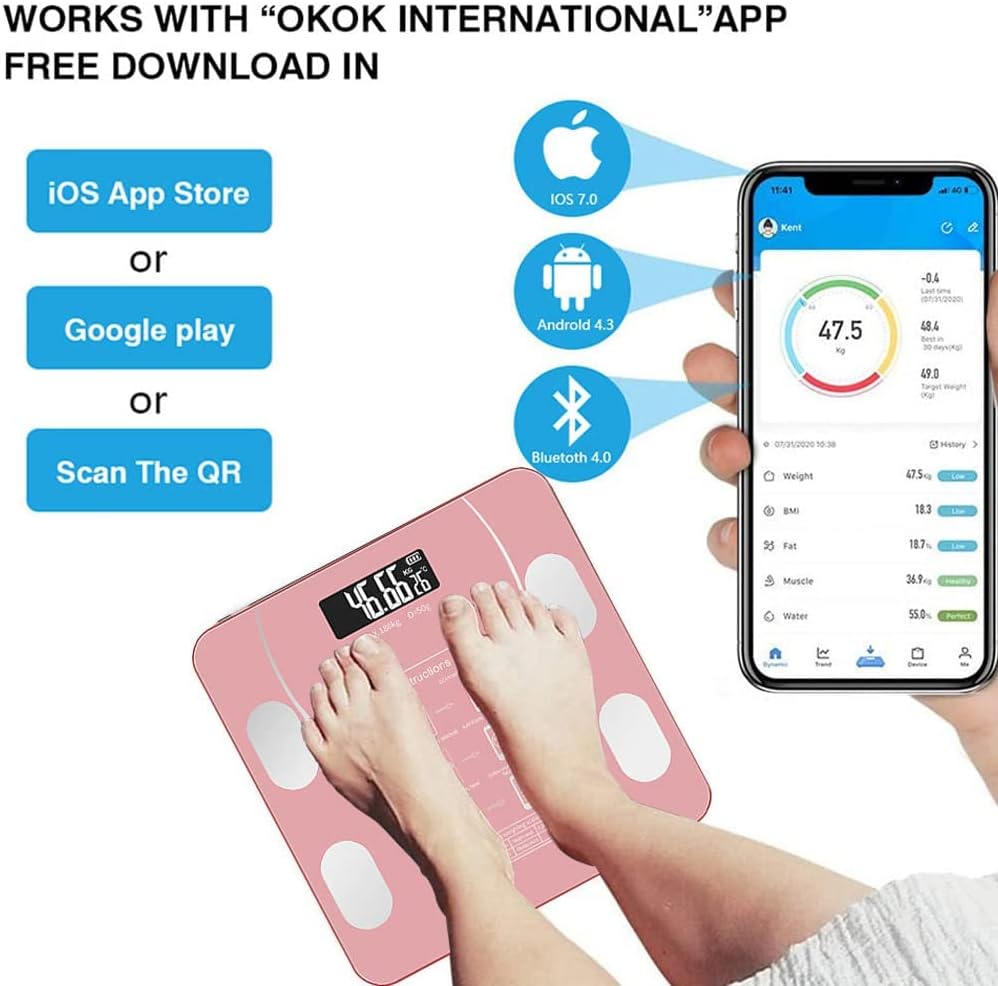 ميزان شخصي احترافي يعمل بتقنية البلوتوث، ميزان رقمي مع تطبيق لقياس الوزن ومؤشر كتلة الجسم، أسود