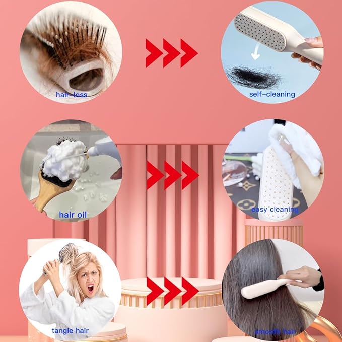 فرشاة شعر ذاتية التنظيف مشط تدليك سهل التنظيف مع شعيرات قابلة للسحب وأداة تصفيف الشعر مضادة للكهرباء الساكنة بضغطة واحدة لجميع أنواع الشعر للنساء من ليشر
